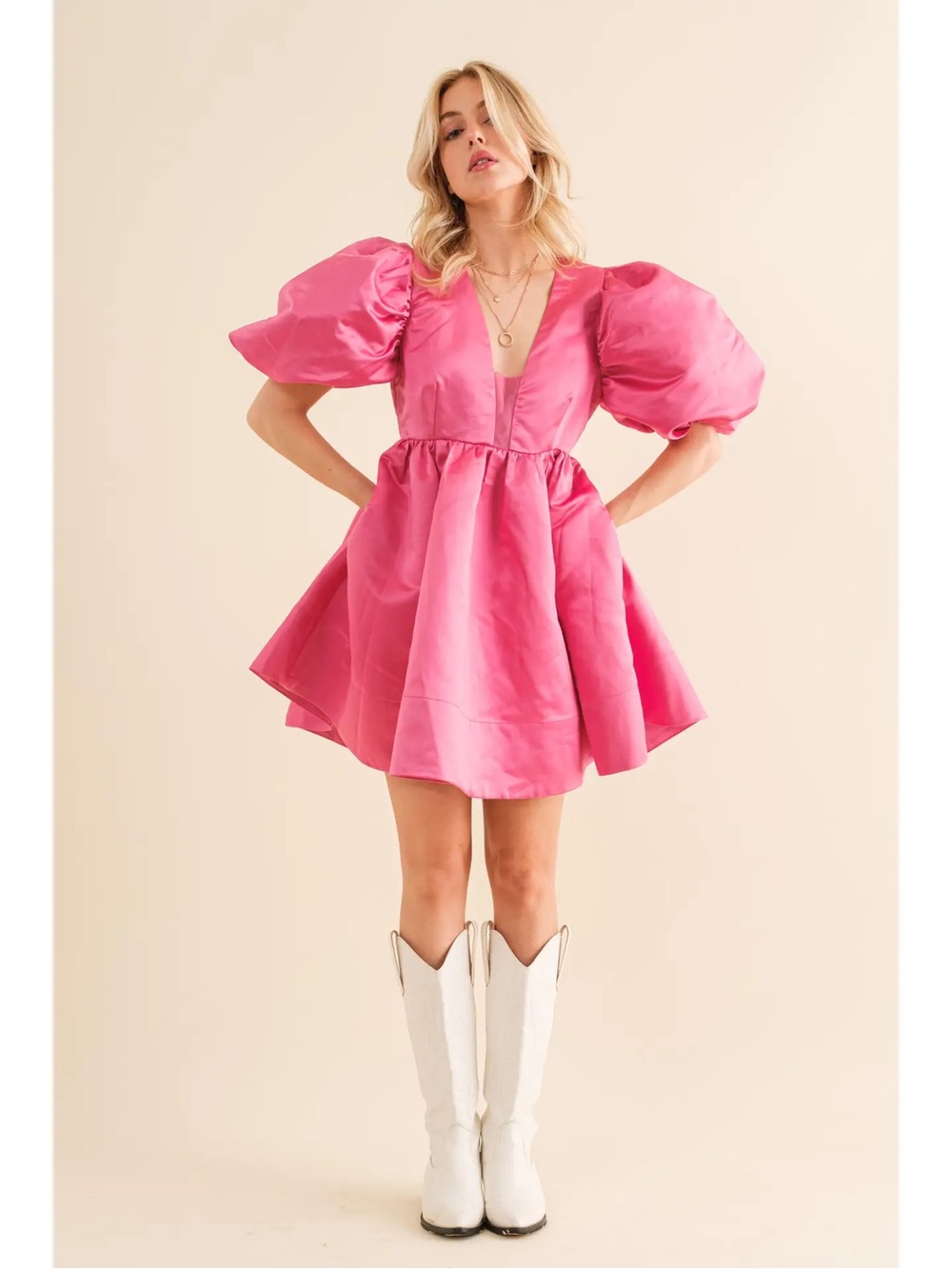 P-023 Blue B Puff Sleeve V-Neck Mini Dress in Hot Pink